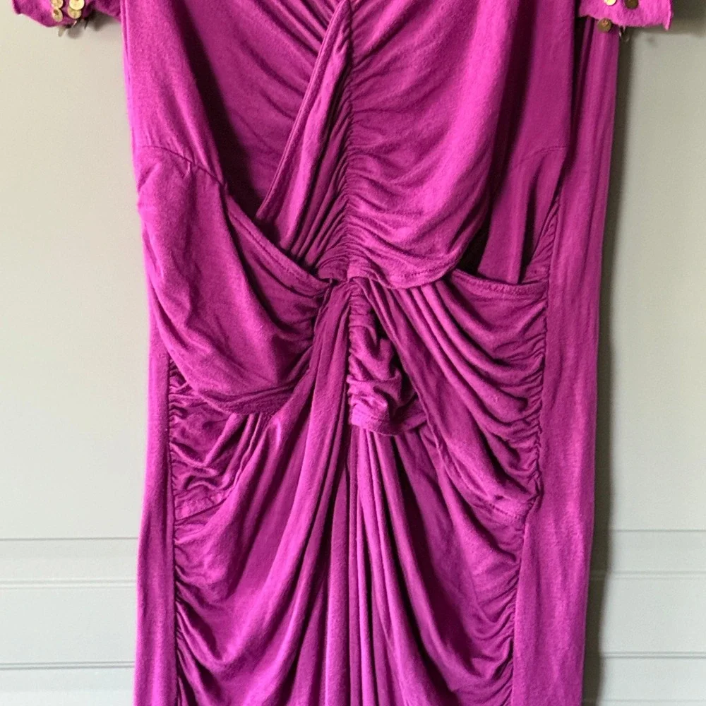 Free People Vintage Ruched Sequin Embellished‎ V-Neck Mini Dress, Purple Gold, M